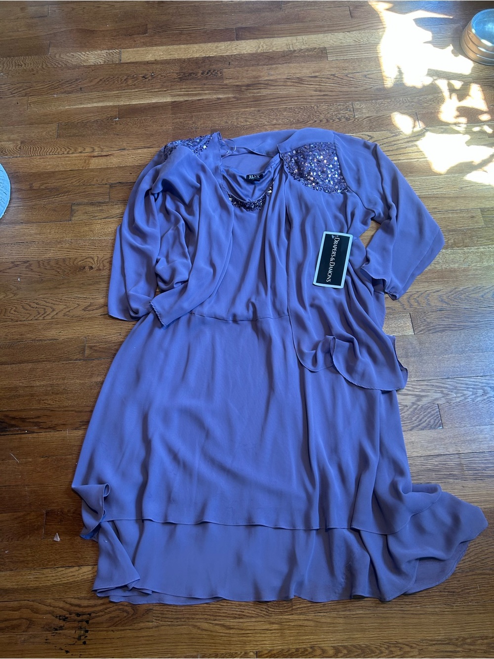 SLNY Plus Size Lavender Purple Beaded Layered Dress with Jacket